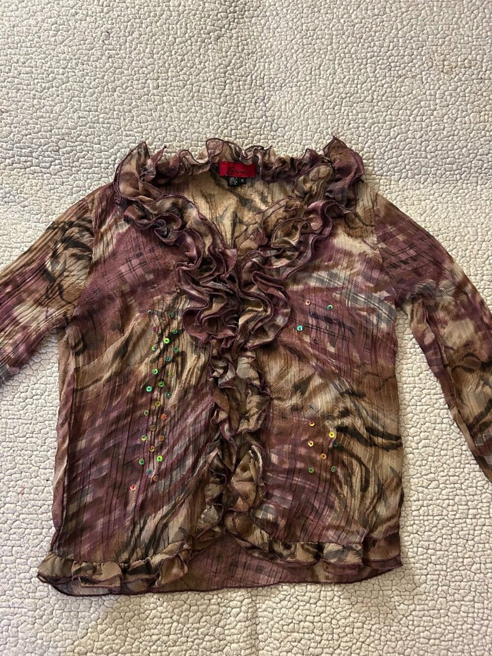 Carina -- y2k, purple, ruffle button up blouse, with sequins